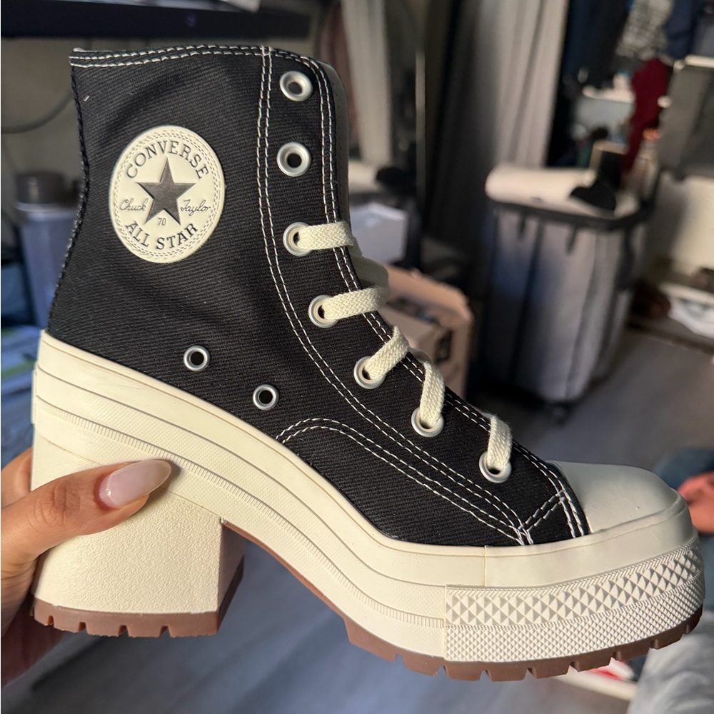 Converse Women's Black and Cream High-Top Platform Sneakers
